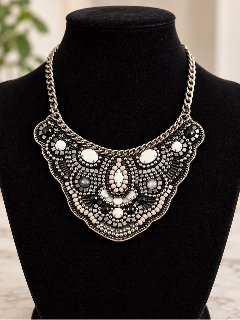 Silver Black Ivory Beaded Statement Bib Necklace Art Deco Style